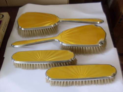 VINTAGE 4 PIECE ENAMELLED TOP HALLMARKED SILVER BRUSHES