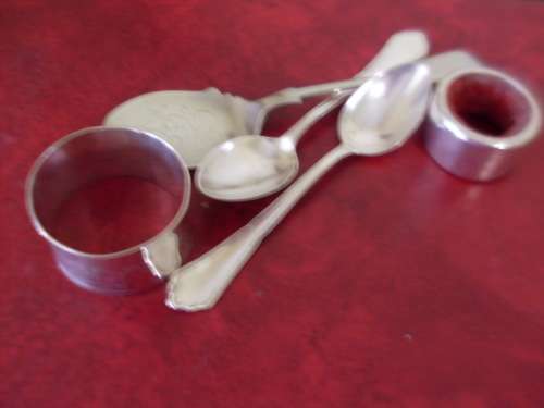 2 TEASPOONS MARKED 800+ A NAPKIN RING MARKED ST SILV +A NAPKIN RING MARKED 925