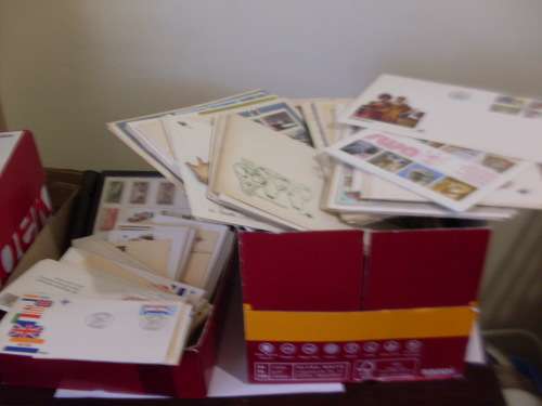 2 BOXES OF MIXED WORLDS POSTAGE STAMPS AND LOTS OF FDCS. ETC ETC.......7.3 KG