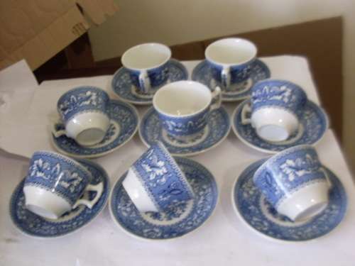 SO CUTE....8 X BLUE and WHITE SMALL CUP DUOS...WOOD and SONS WESTMINISTER PATTERN