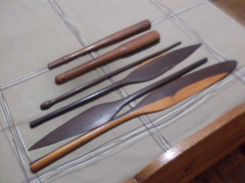 VARIOUS HANDMADE WOODEN PIECES ( 3 x TOP OF SPEARS ETC ETC ETC )