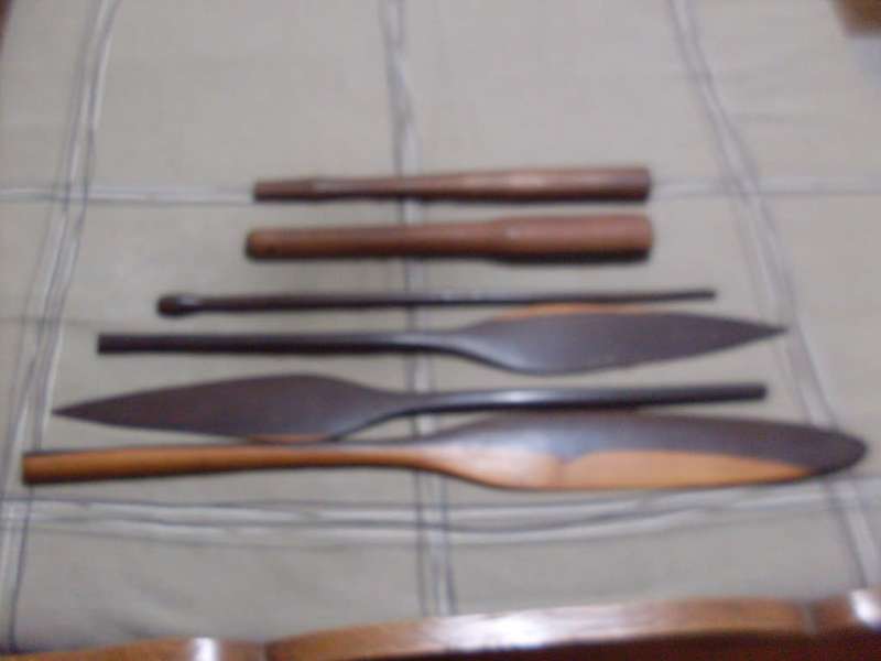 VARIOUS HANDMADE WOODEN PIECES ( 3 x TOP OF SPEARS ETC ETC ETC )