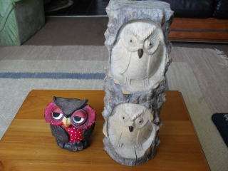 2 OWLS CARVED IN A PIECE OF WOOD !!!!!!!