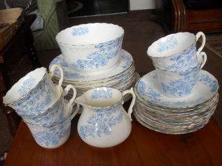 AN ANTIQUE FINE BONE CHINA WHITE WITH BLUE ROSES TEA SET !!!!!!