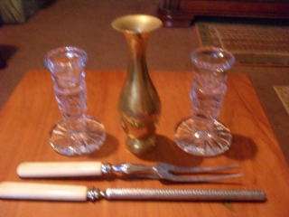 GLASS CANDLE HOLDERS+ BRASS VASE+BONE HANDLE CARVING FORK & KNIFE SHARPENER