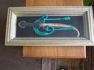 FRAMED WOOD AND BRASS TURKISH KNIFE BEHIND GLASS !!!!!!