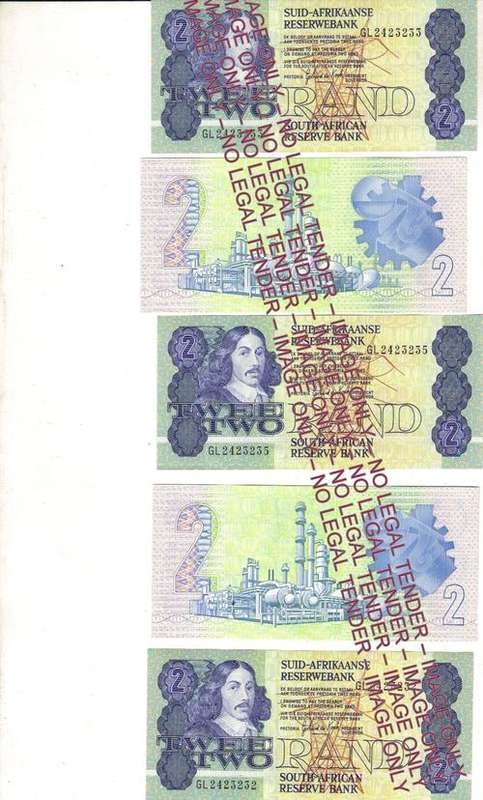5 x Twee Rand / Two Rand notes, in a mint crisp condition, 1 bid for all notes