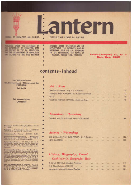 Lantern, Jaargang 9, Okt.-Des. 1959 - in this issue: Thomas Pringle - Settler and Pioneer