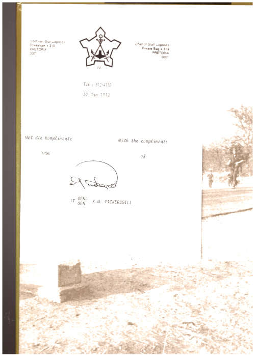 South Africas Border War 1966-1989, Include a COMPLIMENTS card from  LT. Genl. K.M. Pickersgill