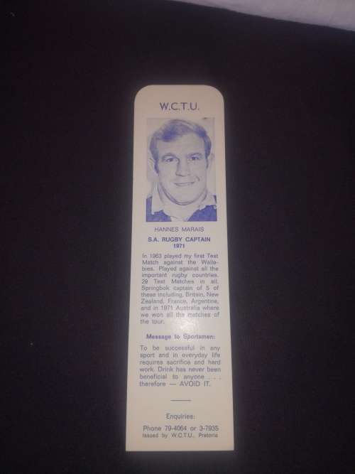 Hannes Marais S.A. Rugby Captain 1971 - bookmark
