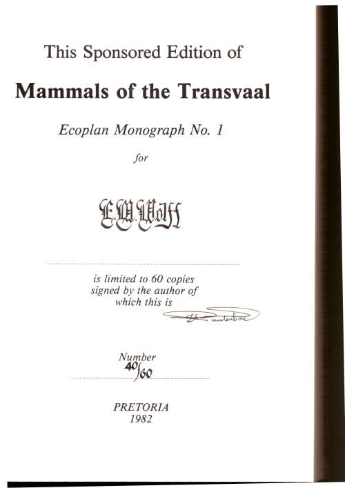 Mammals of the Transvaal - limited and Signed