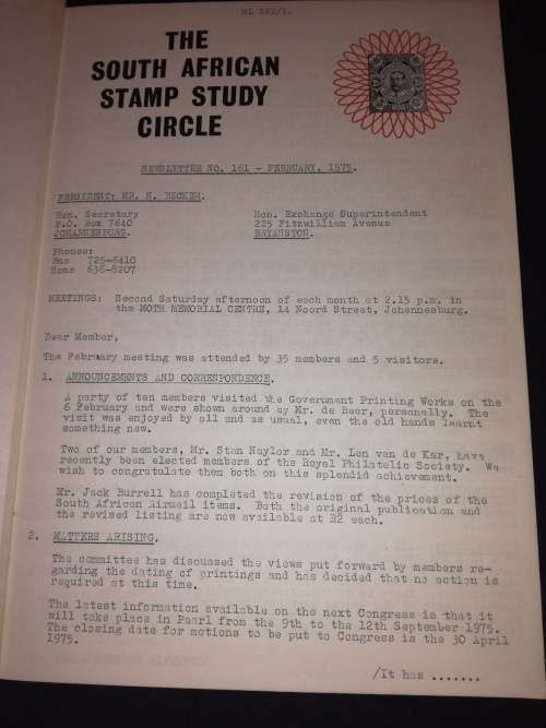 The South African Stamp Study Circle - Newsletters numbers 161 to 200, 1975