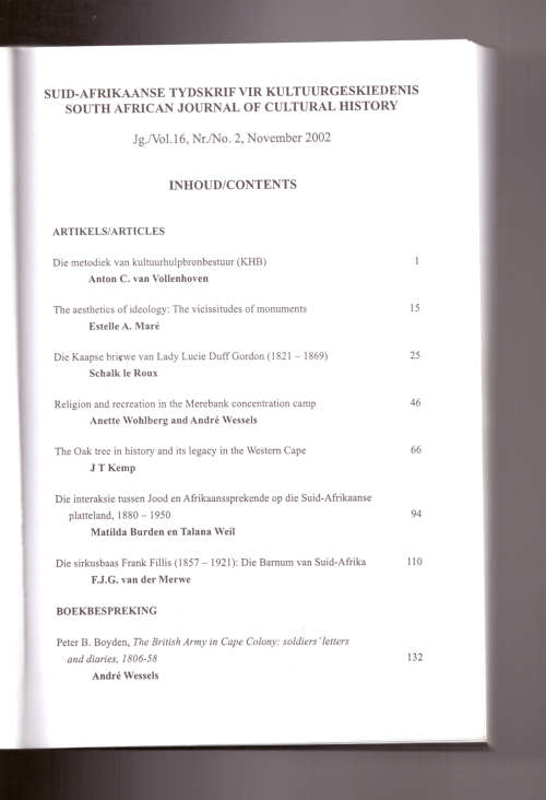 Suid-Afrikaanse Tydskrif vir Kultuurgeskiedenis / S.A. Journal of Cultural History, November 2002