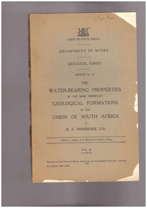 The Water-Bearing Properties of the more important Geological Formations in the Union of S.A.