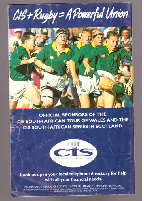 Wales versus South Africa 26 November, 1994, Official Programme