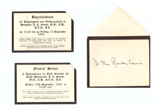 Jan Smuts Funeral Invitation - funeral  Card - 2 cards and original envelop