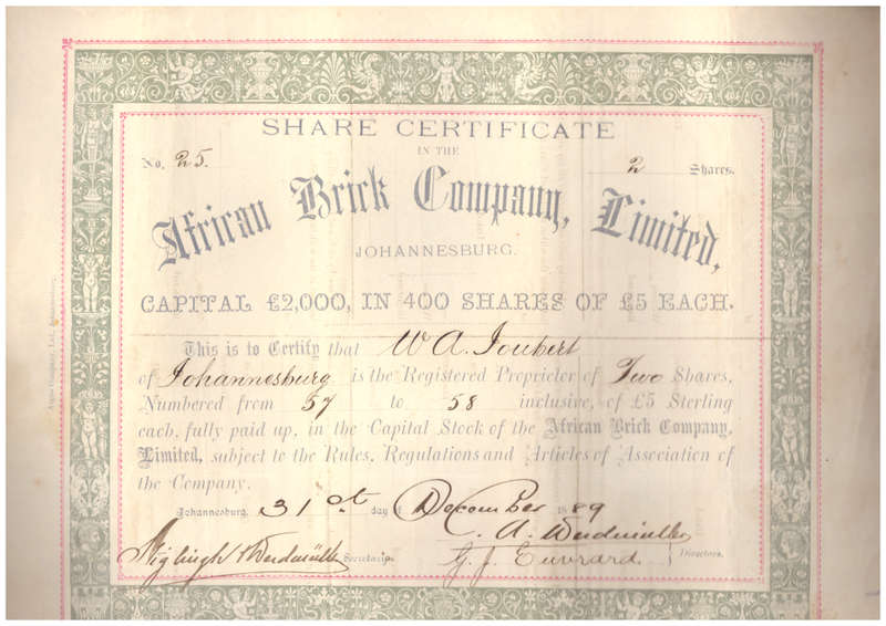 Share Certificate in the African Brick Company Limited, 1889