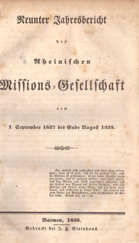 Rheinische Missionsgesellschaft, Jahresberichte, 1837-38 and 1840-1841, ****, two soft covers