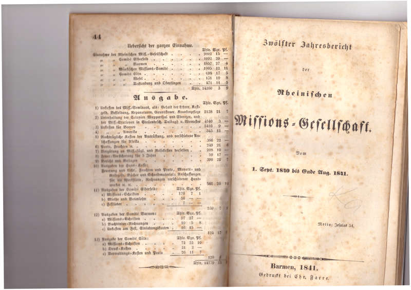 Rheinische Missionsgesellschaft, Jahresberichte, 1837-38 and 1840-1841, ****, two soft covers