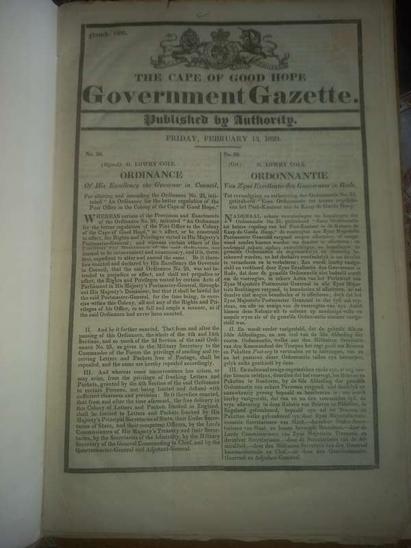 The Cape of Good Hope, Government Gazette- 1829, two issues