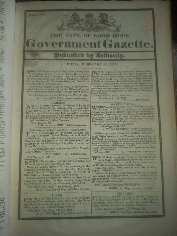 The Cape of Good Hope, Government Gazette- 1829, two issues