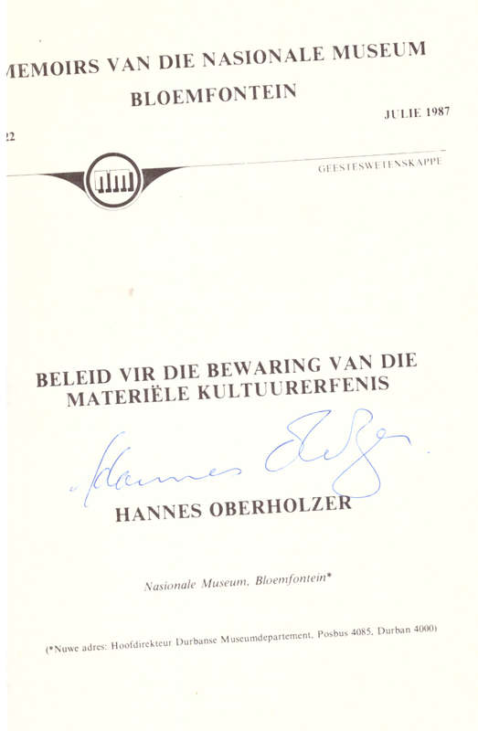 Memoirs van die Nasionale Museum Bloemfontein- Julie 1987, GETEKEN deur Hannes Oberholzer
