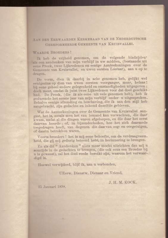 De Ned. Gereformeerde Gemeente van Kruisvallei (1898) -uitgewer F.D. du Toit Paarl, skaars