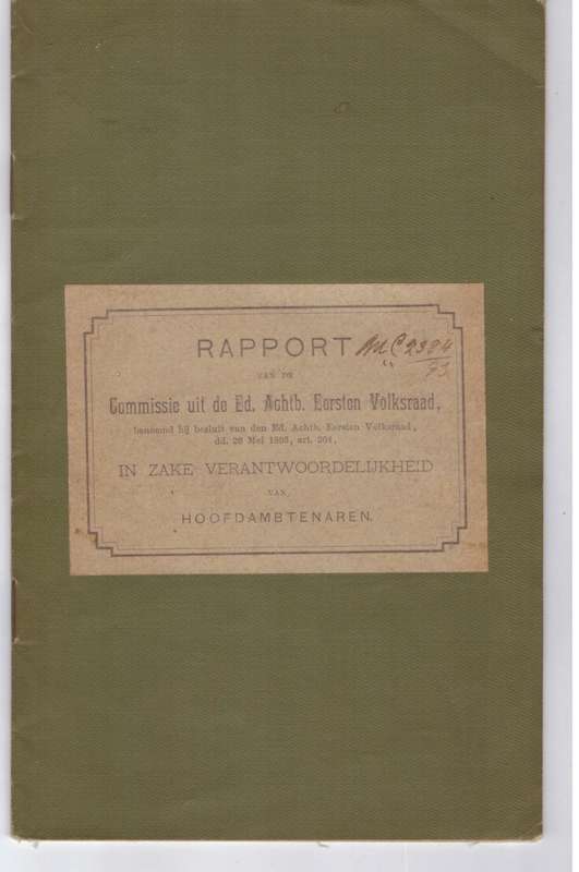 Rapport van de Commissie uit de Ed, Achtb. Eersten Volksraad, Pretoria 1893 (Z.A. Republiek)
