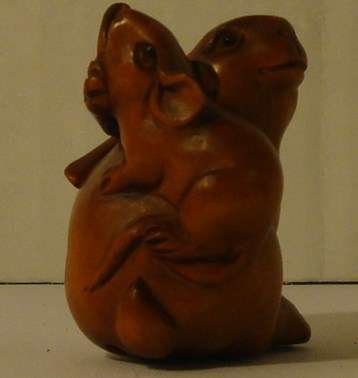 Netsuke, Hand carved; Boxwood; Signed: Mother Rabbit Playing with Mouse