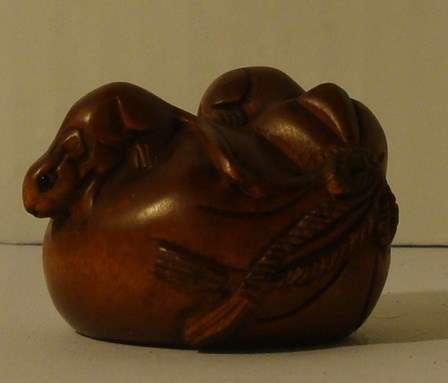 Netsuke, Hand carved; Boxwood; Signed: 3 Mice Playing in Lucky Money Bag