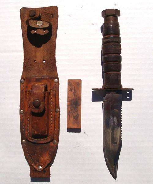 USAF Jet Pilot Survival Knife, marked "Shelham 4128 JAPAN "; early sheath with stone