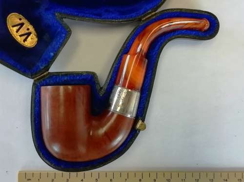 SUPER RARE SILVER MOUNTED SMOKING PIPE CIRCA 1902 WITH FITTED CASE AND ORIGINAL AMBER STEM