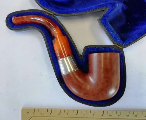 SUPER RARE SILVER MOUNTED SMOKING PIPE CIRCA 1902 WITH FITTED CASE AND ORIGINAL AMBER STEM