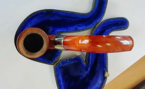 SUPER RARE SILVER MOUNTED SMOKING PIPE CIRCA 1902 WITH FITTED CASE AND ORIGINAL AMBER STEM