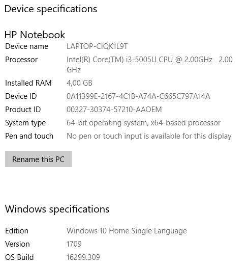 HP Notebook Intel (R) Core (TM) i3-5005U CPU @ 2.00GHZ 2.00