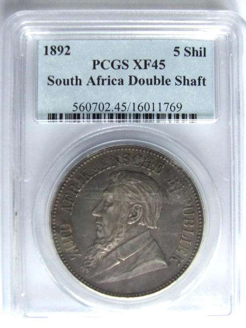 1892 South Africa 5 Shilling (Double Shaft) Graded: PCGS XF45 !!!