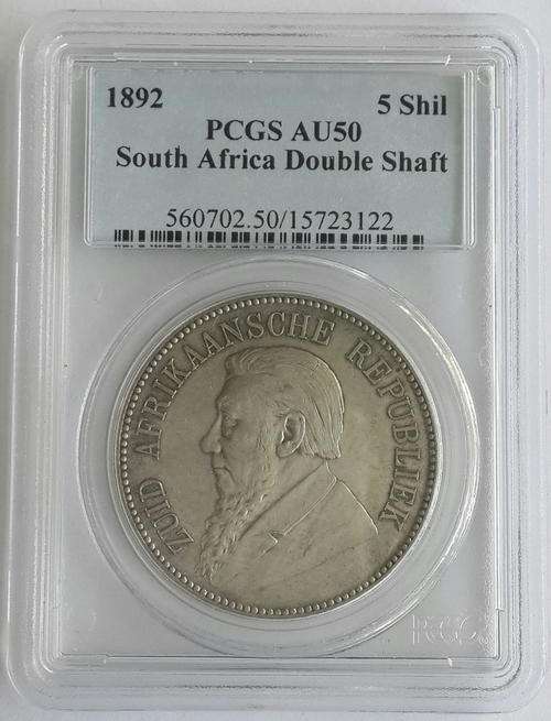 1892 South Africa 5 Shillings - Double Shaft - Graded:  PCGS  AU50 !!!!