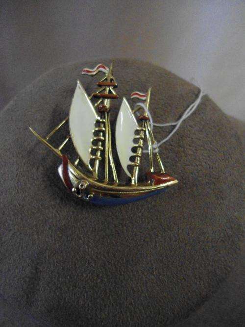 Gold Plated Enamel Sailing Ship Pin Brooch, 4cm x 3.5cm