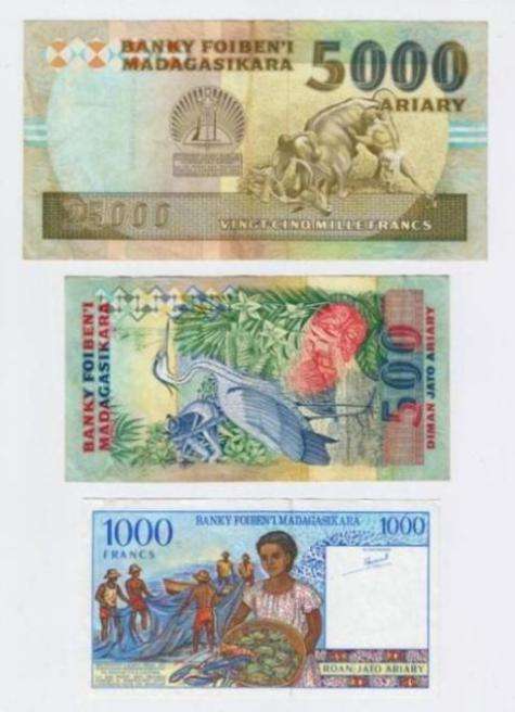 SET OF 3  FINE MADAGASCAR BANK NOTES 1000, 2500,  25000 FRANCS