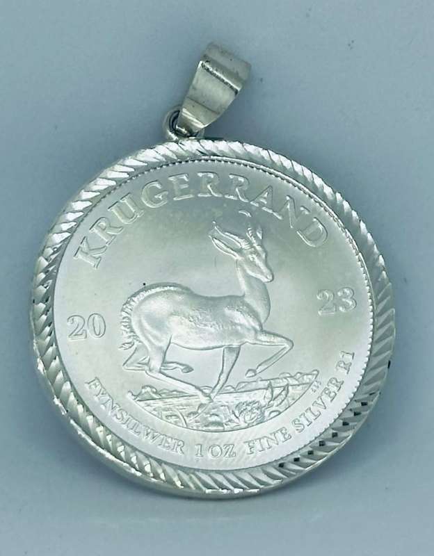 SILVER KRUGERRAND 1 OUNCE 2023 BEZELLED PENDANT AND COIN ` PERFECT GIFT `