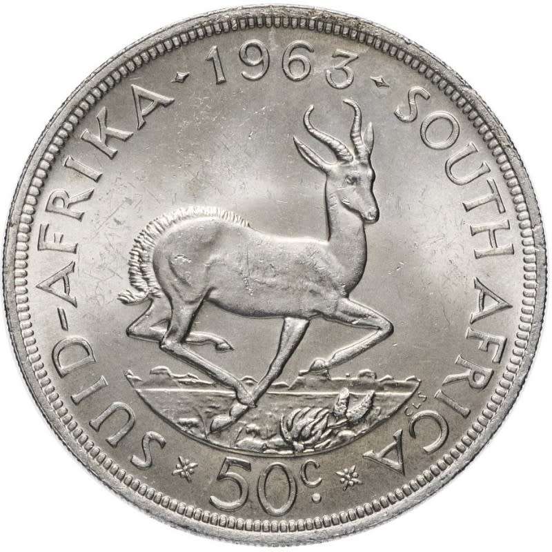 5O CENT SOUTH AFRICAN 1963 SILVER COIN 28.28 GRAMS 50% SILVER