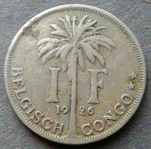 1926 CONGO : BELGIUM : 1 FRANC : KM #21