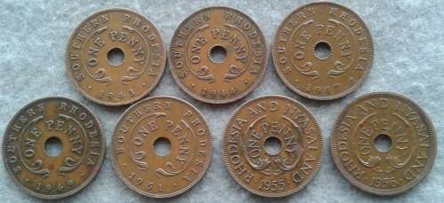 1943 - 1957 RHODESIA  7 X ONE PENNY LOT