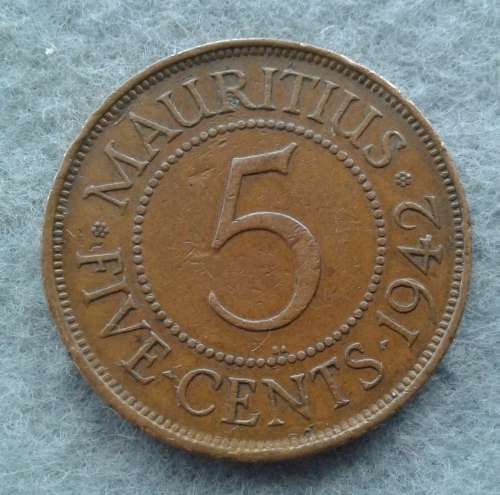1942 MAURITIUS 5 CENT (SA MINT) : ONLY 940 000 MINTAGE