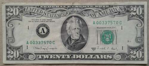1988 US TWENTY DOLLAR : $20 : A SERIES &  A00337570C : BOSTON PRINT