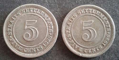 1926 STRAITS SETTLEMENT 5 CENT PAIR : SILVER