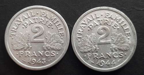 1943 and 44 FRANCE 2 FRANC PAIR : EXCELLENT