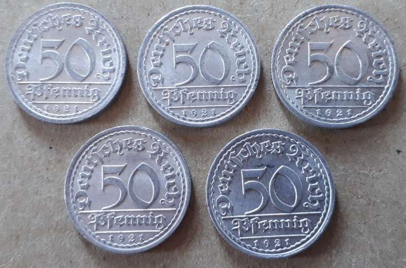 5 X Deutsche Reich 50 pfennig 1921 : high grade