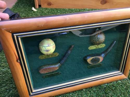 Golf boxed frame of vintage golf equipment - nice for mancave or display