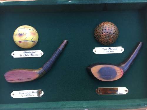 Golf boxed frame of vintage golf equipment - nice for mancave or display